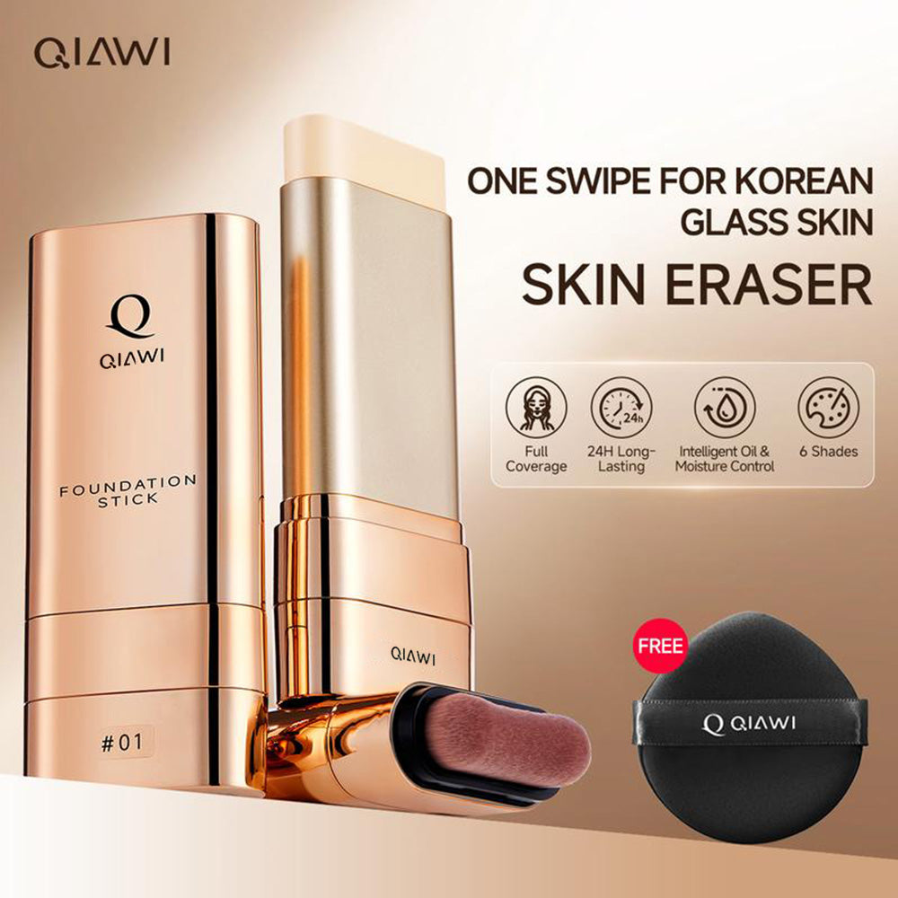 QIAWI Luminous Dual-Ended Concealer Foundation Stick – Built-in Brushes, Complimentary Puff, 24H Long-Lasting Waterproof Sweatproof, One-Swipe Even Flawless Base
